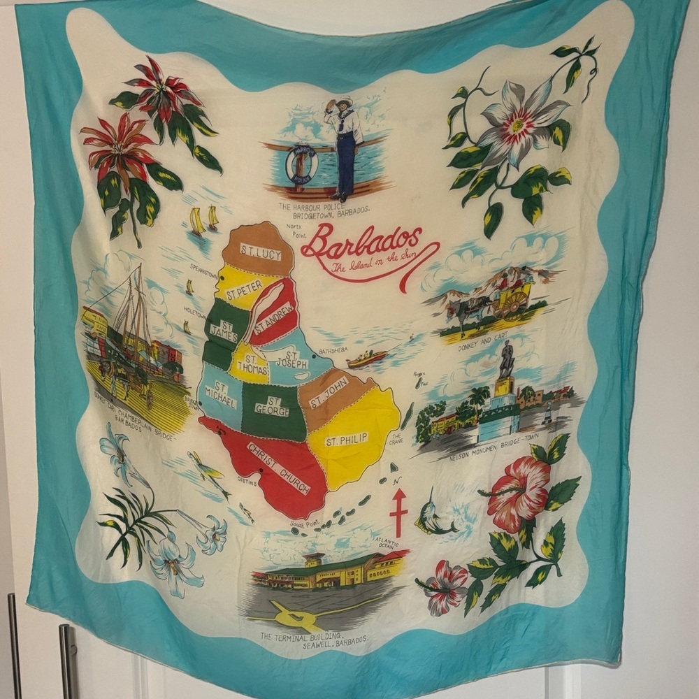 Vintage Barbados Souvenir Map Scarf, Silk hand-sewn rolled edge hem 43 by 44”